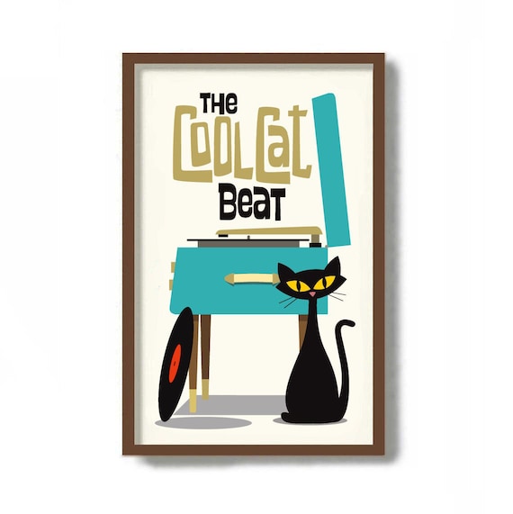 Old Record Player, Rock Music Poster, Mid Century Modern Art, Black Cat Art Print, Vinyl Record Storage, Cat Lover Gift Vinyl LP