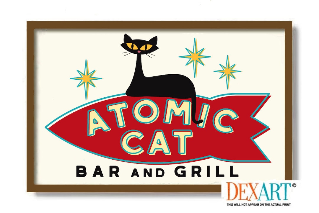 Atomic Cat Wall Art Print, Mid Century Modern Art, Roswell UFO, Atomic