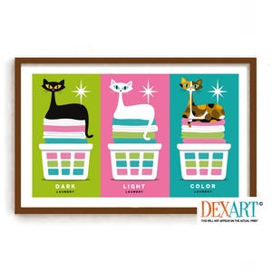 Decoración de lavadero, cesta de ropa sucia con diseño de gato, lámina de arte mural moderno de mediados de siglo, letrero de lavandería, idea de regalo de gato negro, regalo para amantes de los gatos blancos