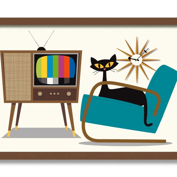 Mid Century Modern Black Cat Art Print, 11x17 Print, Retro Wall Clock, Living Room Wall Art, Cat Lover Gift, Retro TV, Danish Modern