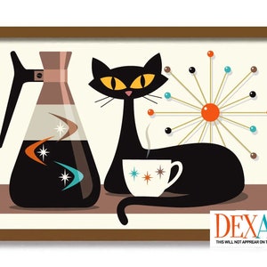 Mid Century Modern Art Print, Atomic Cat Art Print, Cafe Sign, Kitchen Art, Black Cat Lover Gift, Pantry Sign, Coffee Cup, Coffee Lover Gift