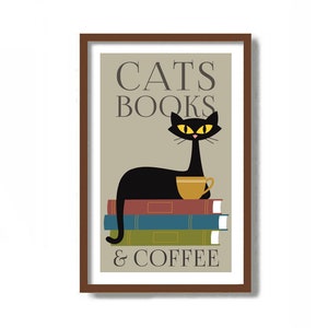 Cat Lover Gift, Cat Art Print, Cats Books Coffee, Mid Century Modern Art, Black Cat Gifts, Book Lover Gift, Reading Journal, Bookish Candle