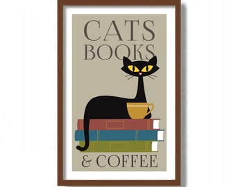 Cat Lover Gift, Cat Art Print, Cats Books Coffee, Mid Century Modern Art, Black Cat Gifts, Book Lover Gift, Reading Journal, Bookish Candle