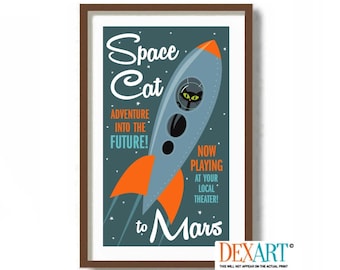 Atomic Space Cat, Mid Century Modern Art, Roswell UFO, Rocket Ship, Sci Fi Art, Black Cat Art Print, Outer Space, Science Fiction Movie