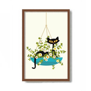 Lámina artística de cesta de flores con margaritas y gato negro, decoración de pared moderna de mediados de siglo