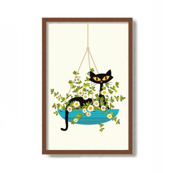 Black Cat Art Print, Hanging Daisy Flower Basket Planter, Gardening Decor, Gardener Gift, Mid Century Modern Wall Art, Cat Lover Gift