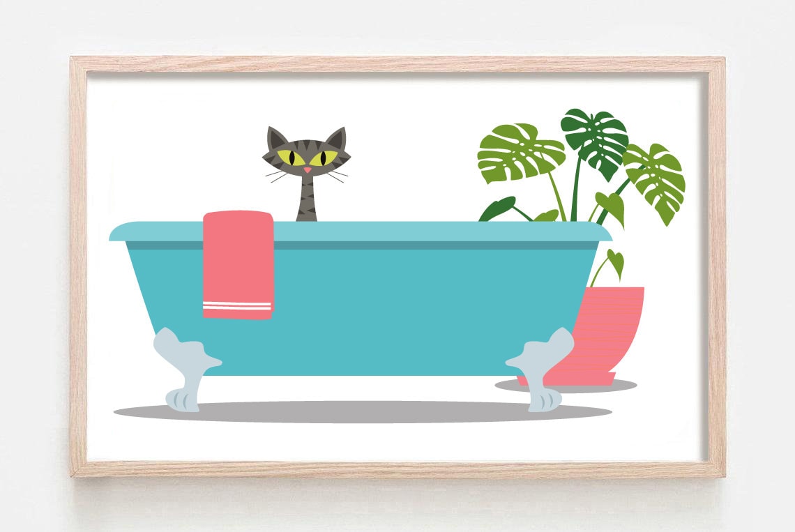 Cat Art Print Bathroom Art Cat Bathroom Wall Art Mid Etsy