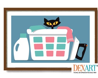 Laundry Room Decor Cat Wall Art Print, Mid Century Modern, Atomic Cat, Steam Iron, Retro Black Cat, Cat Mom, Laundry Sign Washing Machine