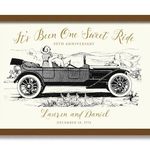 May include: A black and white illustration of a couple in a vintage car with the text "It's Been One Sweet Ride 50th Anniversary Lauren and Daniel December 18, 1972".
