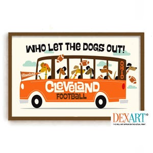 May include: An orange and brown cartoon bus with the words "WHO LET THE DOGS OUT!" and "CLEVELAND FOOTBALL" on the side. There are six cartoon dogs with brown fur and orange noses sticking their heads out of the windows. The bus has a "Cleveland" flag on the side and an "Ohio" flag on the back.