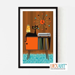 Mid Century Modern Cat Wall Art Print, Cat Gifts, Record Player Console, Black Cat Lover Gift, Vinyl Record Storage, Retro Wall Clock