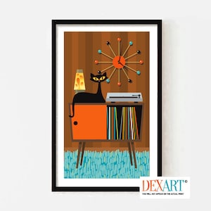 May include: A retro-style illustration of a black cat sitting on a record player cabinet with a lava lamp and a mid-century modern clock on the wall. The cabinet has a bright orange door and shelves filled with colorful vinyl records. The rug is a teal blue with a textured pattern.