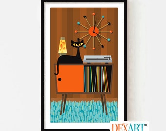 Mid Century Modern Cat Wall Art Print, Cat Gifts, Record Player Console, Black Cat Lover Gift, Vinyl Record Storage, Retro Wall Clock