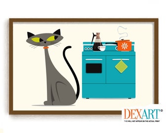 Mid Century Modern Cat Wall Art Print, Gray Tabby Cat, Kitchen Art Print, Retro Oven, Old Stove, Cat Lover Gift Idea, Kitchen Art Print