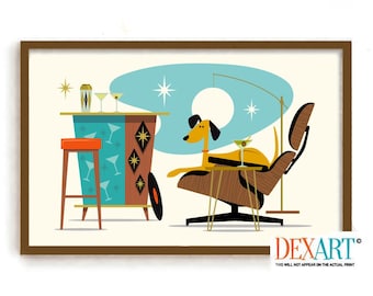 Dog Wall Art, Atomic Dog Lover Gift, Mid Century Modern Dog Art Prints, Labrador Retriever, Eames Chair Poster, Mutt Dog, Bad Dog Lounge