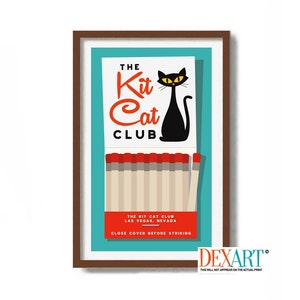 Lámina artística de gato negro, arte moderno de mediados de siglo, póster de Rat Pack, caja de cerillas vintage, póster de cócteles, regalo para amantes de los gatos atómicos, decoración de Las Vegas