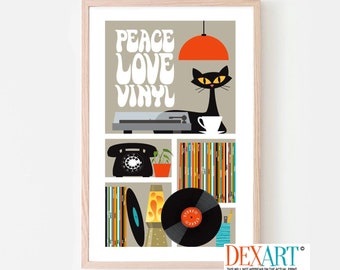 Impresión de vinilo LP de gato negro, póster de música rock, arte moderno de mediados de siglo, gato atómico, almacenamiento de discos de vinilo, tocadiscos, regalo para amantes de los gatos