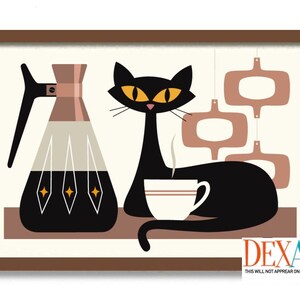 May include: A black cat with yellow eyes sits on a brown surface, holding a white cup with a brown stripe. A black and brown coffee pot with gold accents is to the left of the cat. There are three brown geometric shapes hanging from the ceiling.