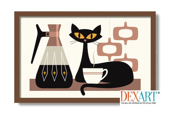 Black Cat Poster, Mid Century Modern Art, Kitchen Art Print, Coffee Lover Gift, Retro Coffee Pot, Copper Carafe, Pantry Sign, Atomic Art