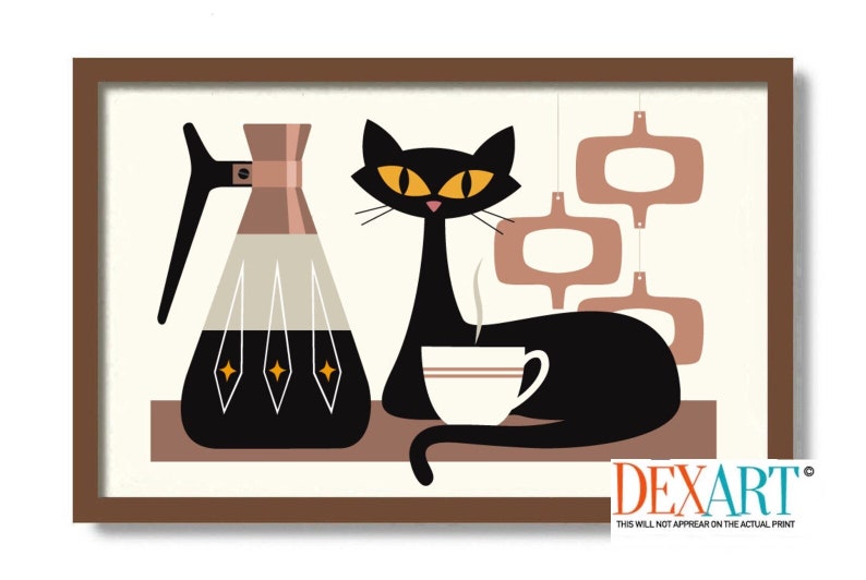 May include: A black cat with yellow eyes sits on a brown surface, holding a white cup with a brown stripe. A black and brown coffee pot with gold accents is to the left of the cat. There are three brown geometric shapes hanging from the ceiling.
