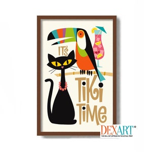 Tikis Bar Sign, Black Cat Art Print, Mid Century Modern Art, Cat Gifts, Toucan Print, Tropical Florida Decor, Rainforest Print, Jungle Decor