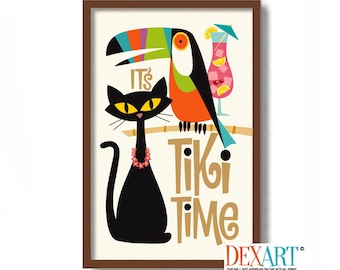 Tiki Bar Decor Sign, Black Cat Art Print, Mid Century Modern Art, Cat Gifts, Toucan Print, Tropical Florida Decor, Rainforest Jungle Print