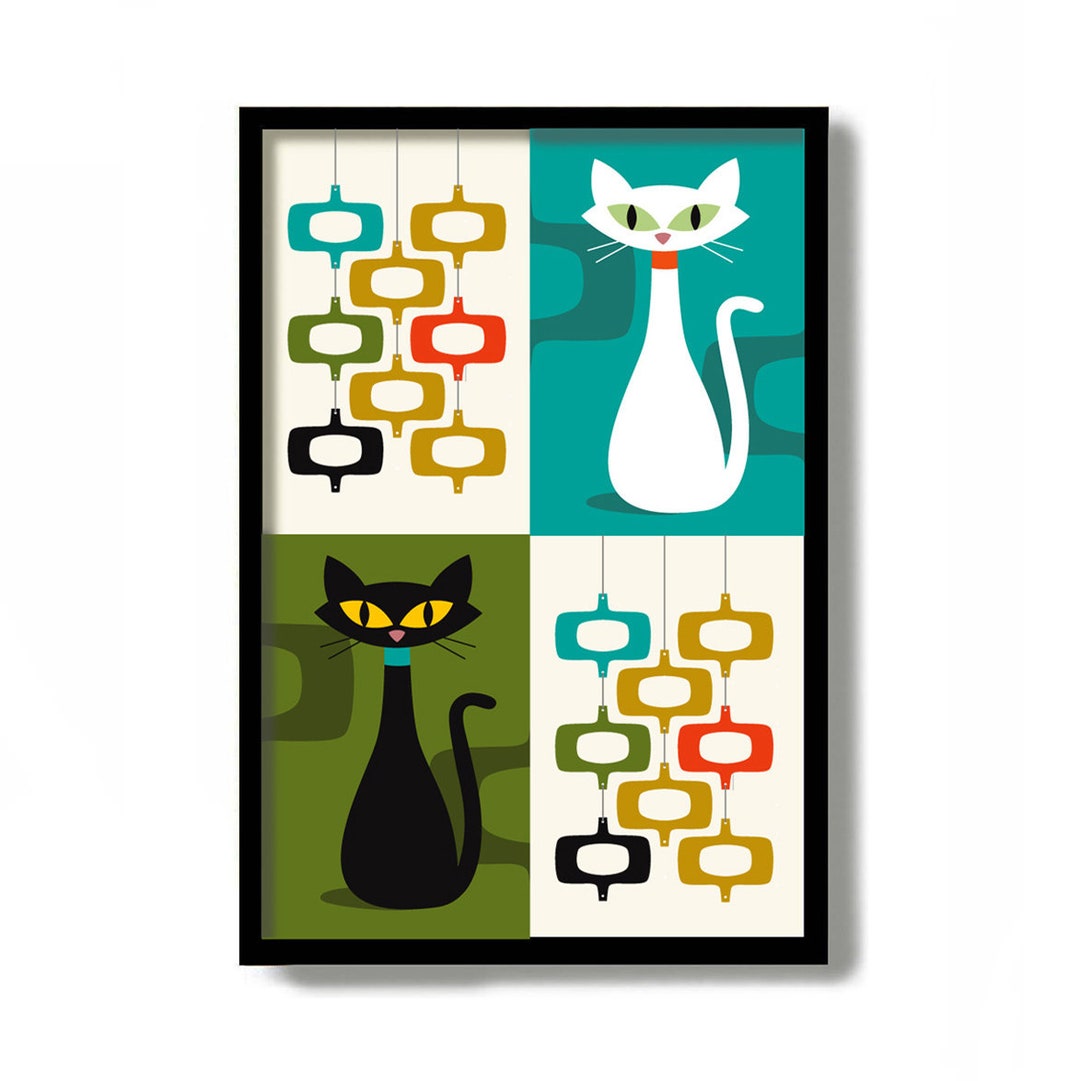 Mid Century Modern Black Cat Art Print, MCM Wall Art, White Cat Wall
