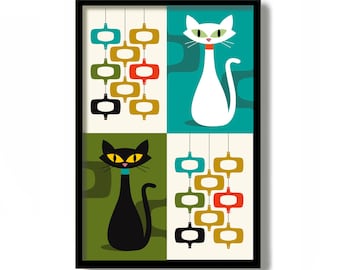 Mid Century Modern Black Cat Art Print, MCM Wall Art, White Cat Wall Art, Modern Cat Lover Gift Idea, Cat Poster, Scandanavian