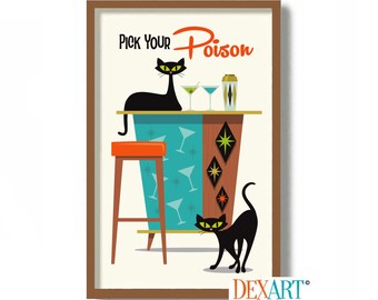 Cocktail Bar Wall Art, Black Cat Art Print, Bartender Gift, Bar Cart Decor, Cat Lover Gift, Cocktail Shaker, Atomic Decor