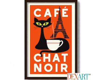 French Black Cat Wall Art, Mid Century Modern Art, French Decor, Eiffel Tower, Kitchen Art Print, Cat Lover Gift, Cat Poster, Coffee Cup