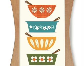 Lámina de arte mural de cocina moderna de mediados de siglo, cuencos retro para mezclar, letrero de restaurante, regalo de chef, decoración de cocina escandinava colorida en Palm Springs