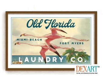 Florida Art Print, Laundry Room Decor, Pink Flamingo, Palm Tree, Washing Machine, Florida Style, Laundry Sign, Wall Decor, Florida Decor