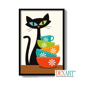 May include: A black cat with green and blue eyes sits next to a stack of colorful bowls with white flower designs. The bowls are red, orange, teal, green, and blue.