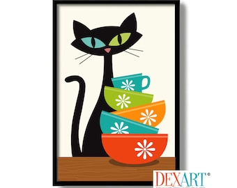 May include: A black cat with green and blue eyes sits next to a stack of colorful bowls with white flower designs. The bowls are red, orange, teal, green, and blue.