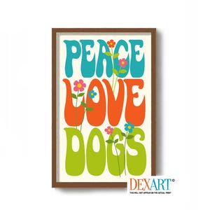 Hippie Dog Art Print, Mid Century Modern Home Decor, Peace Love Dogs, Flower Power, Psychedelic, Woodstock, Black Lab, Cute Dog Lover Gift