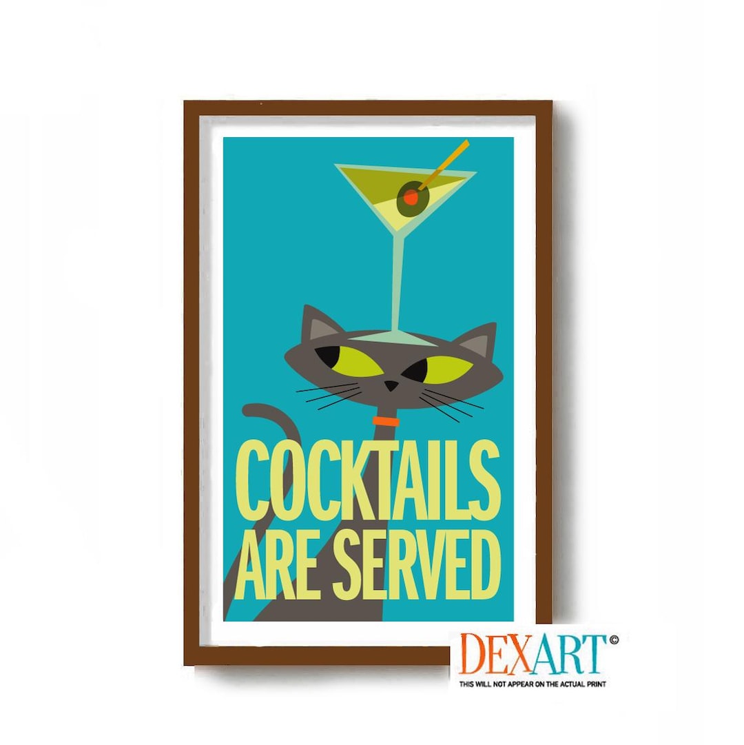 Atomic Cat and Cocktail Bar Art Print, Mid Century Modern Bar Wall Art ...