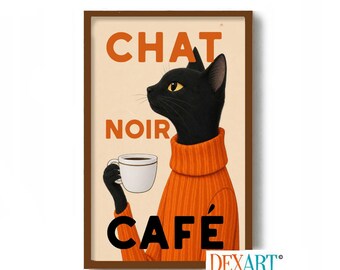 Chat Noir Poster, French Wall Art Print, Cats and Coffee Decor, Kitchen Decor, Cat Drinking Coffee, Black Cat, Coffee Lover Gift, Cafe Sign