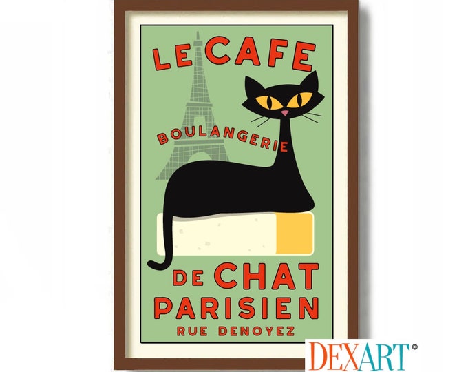 French Decor, Mid Century Modern Art Print, Kitchen Wall Art, Black Cat Art, Paris France, Cat Lover Gift Idea, Eiffel Tower, Bakery Sign