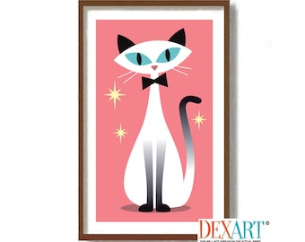 Siamese Cat Art Print, Atomic Cat Wall Decor, Cat Mom Gift, Mid Century Modern Art, Best Friend Gift, Cat Lover Gift