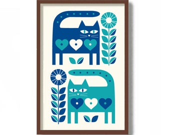 Norwegian Folk Art, Cat Art Print, Mid Century Modern Art, Swedish Folk Art,  Cat Lover Gift Wall Decor, Flower Print, Scandinavian Design