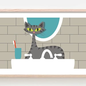 Grey Cat Lover Gift, Tabby Cat, Mid Century Modern Art, Cat Decor Art Print, Cat Bath Bathroom Decor Powder Room Sign, Old Sink, Tiger Cat