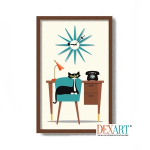 Mid Century Modern Tuxedo Cat Art Print, Home Office Decor, Cat Lover Gift, Retro Desk Lamp, Office Wall Art