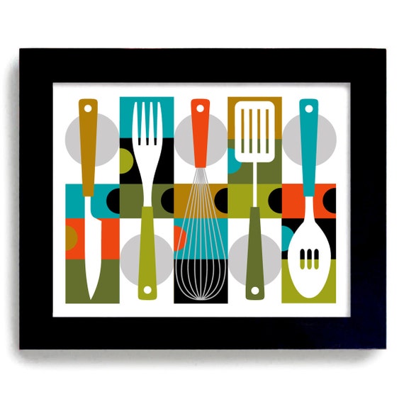 Items similar to Mid Modern Century Kitchen Art Print Framed Cooking