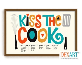 Kiss the Cook Kitchen Art Print, Kitchen Conversion Chart, Mid Century Modern Decor, Gift for Cook, Foodie Gift, Cooking Utensils