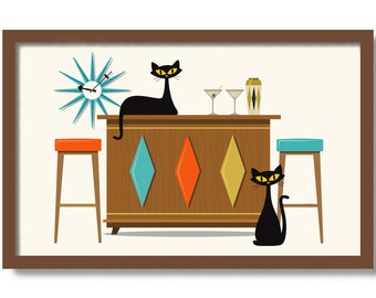 Mid Century Modern Cocktail Bar Sign, Bartender Gift, Bar Cart Decor, Cat Lover Gift, Black Cat Art Print, Cocktail Shaker