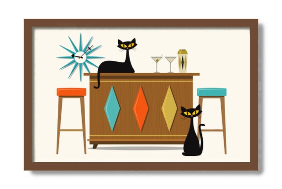 Mid Century Modern Cocktail Bar Sign, Bartender Gift, Bar Cart Decor, Cat Lover Gift, Black Cat Art Print, Cocktail Shaker