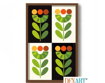 Scandinavian Wall Art, Mid Century Modern Flower Art Print, Norwegian Gifts, Colorful Garden Poster, Flower Lover Decor, Gardener Gifts