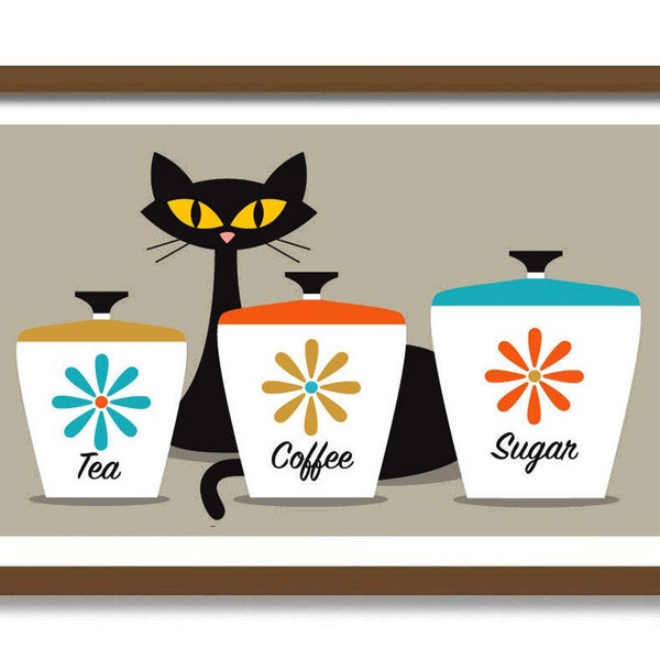 Mid Century Modern Art Print, Canister Set, Kitchen Art Print, Black Cat Lover Gift, Coffee Lover Gift, Retro Coffee Pot, Pantry Sign