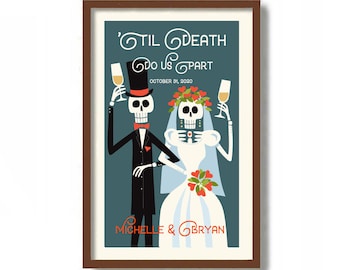 Halloween Wedding Gift, Skull Decor, Unique Wedding Gift for Couples, Personalized Art Print Til Death Do Us Part Gothic Wedding Gift