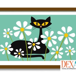 Mid Century Modern Art Daisy Print, Cat Lover Gift, Black Cat Art, Tabby Cat, Garden Cat, Veterinarian Gift, Flower Print